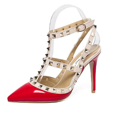 spring and summer chilli pepper rivets tip buckle high-heeled sandals