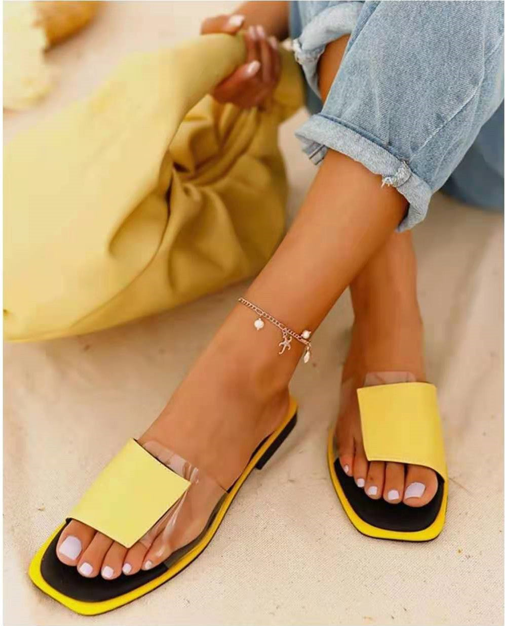 Solid Color Stitching Women's Slippers, Solid Color Flat Shoes, Summer Sandals