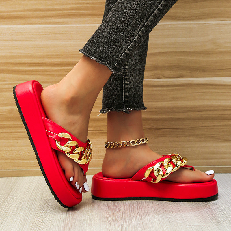 Chain Slippers Summer Fashion Thong Sandals Flip Flops Sponge Cake Platform Large Size Herringbone Shoes
