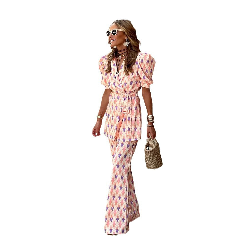European And American Women's Lace Printing Two-piece Set Lantern Sleeve Trousers Slim-fitting Simple