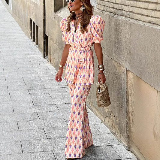 European And American Women's Lace Printing Two-piece Set Lantern Sleeve Trousers Slim-fitting Simple