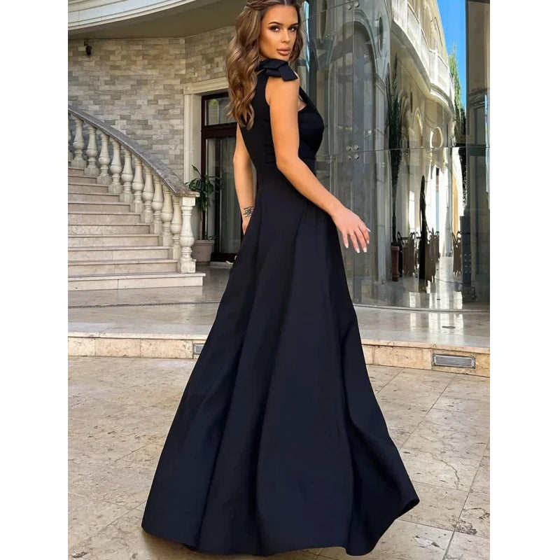 Elegant Black Long Dress Sleeveless Women V Neck Sexy Fashion Women High Slit Summer Casual Party Evening Prom Dress Vestidos