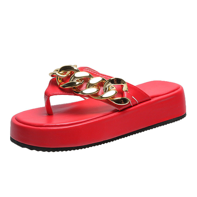 Chain Slippers Summer Fashion Thong Sandals Flip Flops Sponge Cake Platform Large Size Herringbone Shoes