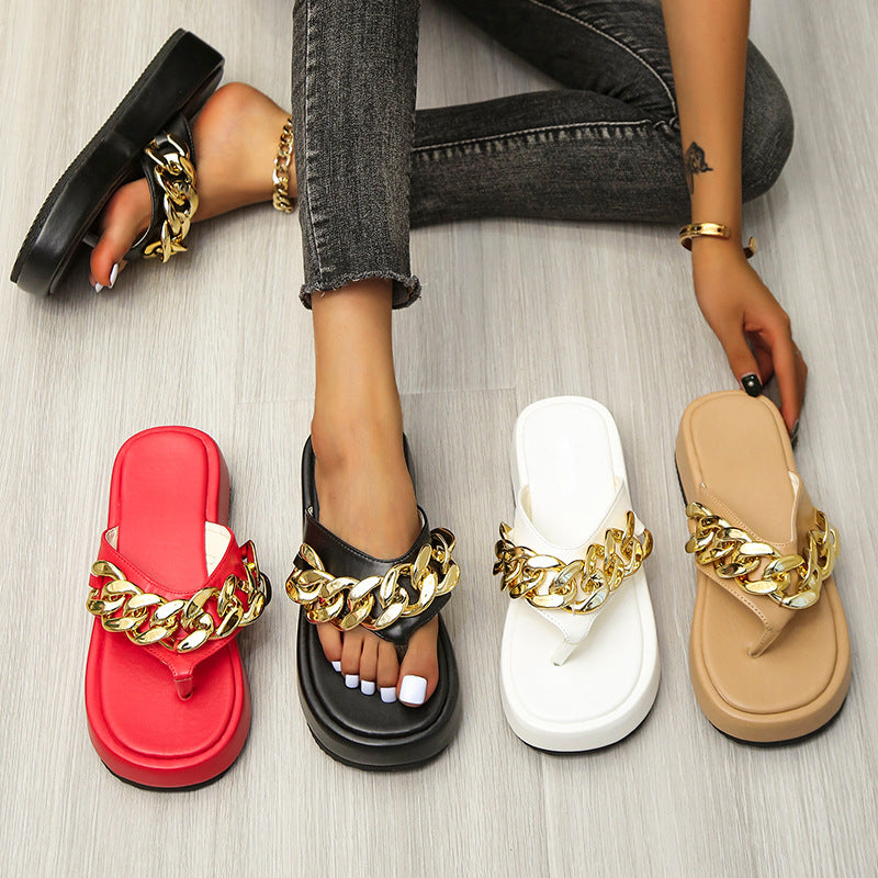 Chain Slippers Summer Fashion Thong Sandals Flip Flops Sponge Cake Platform Large Size Herringbone Shoes