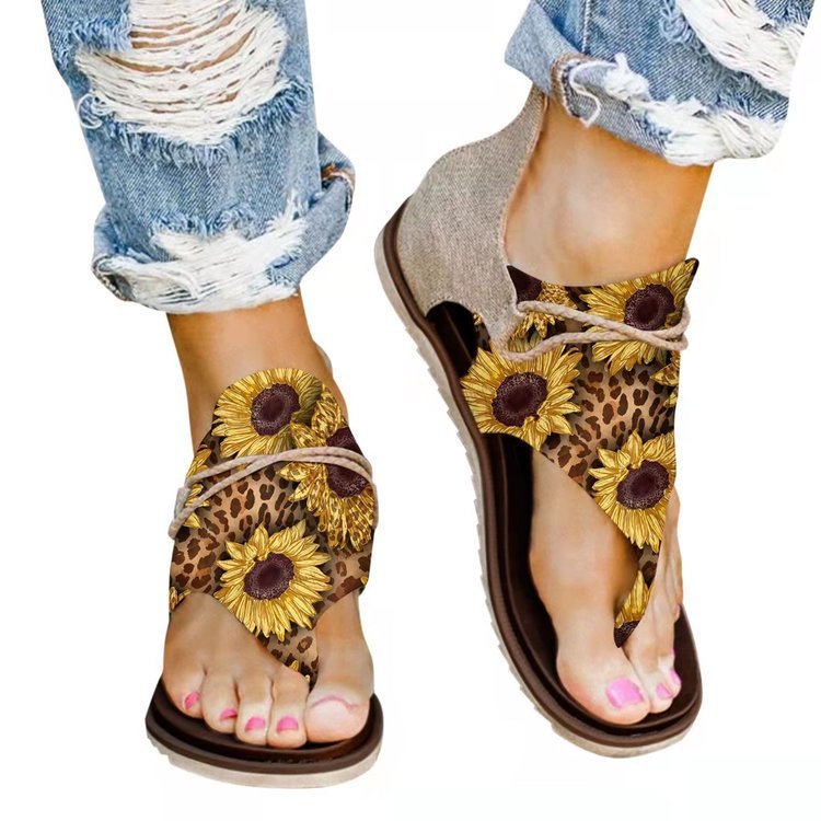 Spring And Summer Foreign Trade Printing Leopard Print New Large Size Ladies Flat Beach Sandals