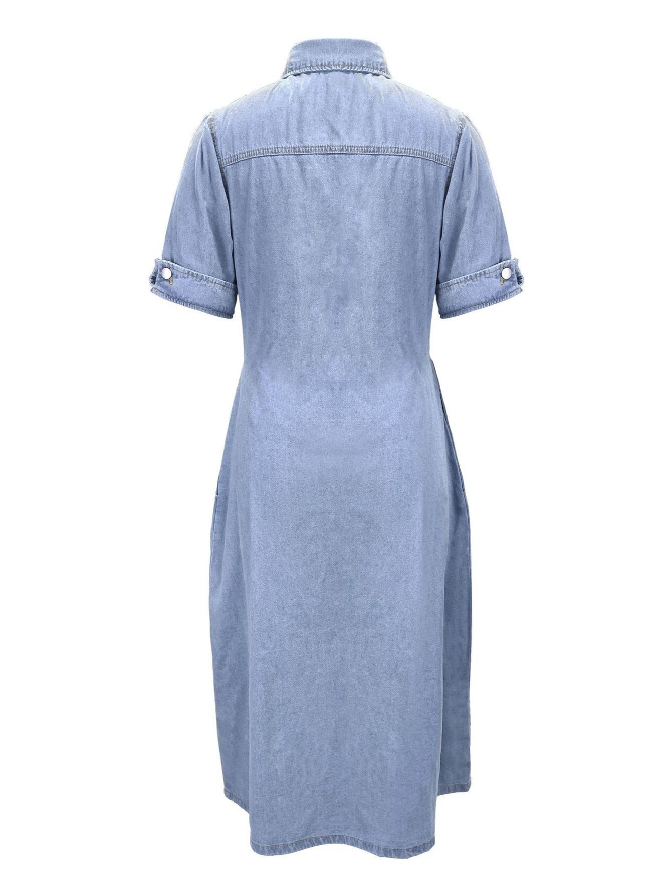 Versatile Casual A-Line Denim Dress with Pockets | Chic V-Neck, Rolled Sleeves | Spring/Fall Women's Midi
