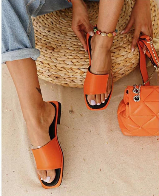 Solid Color Stitching Women's Slippers, Solid Color Flat Shoes, Summer Sandals