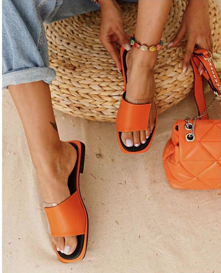 Solid Color Stitching Women's Slippers, Solid Color Flat Shoes, Summer Sandals
