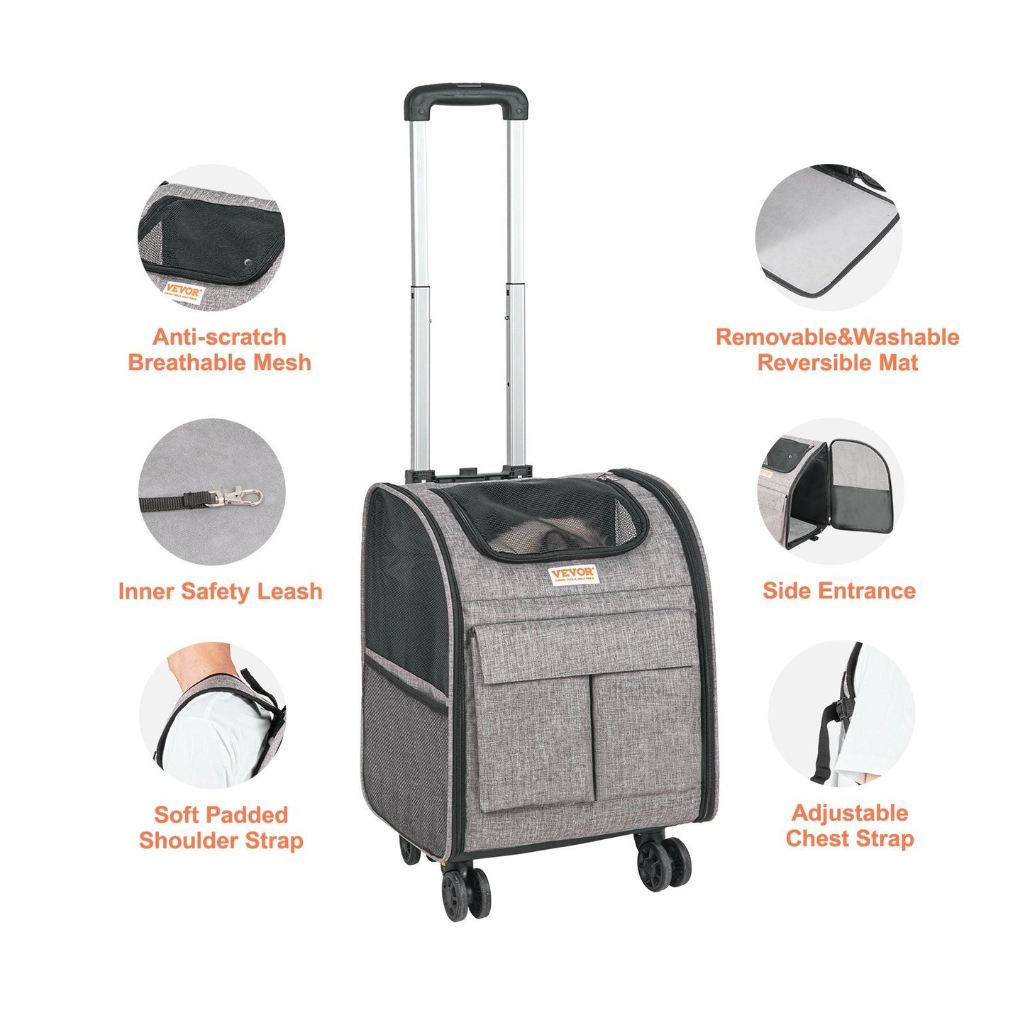 Rolling Pet Carrier Backpack With Removable Wheels For Under 18LBS, Large Soft Sided Wheeled Dog Carrier Cat Travel Carrier Airline Approved For Small Dogs And Medium Cats With Upgraded Wheels