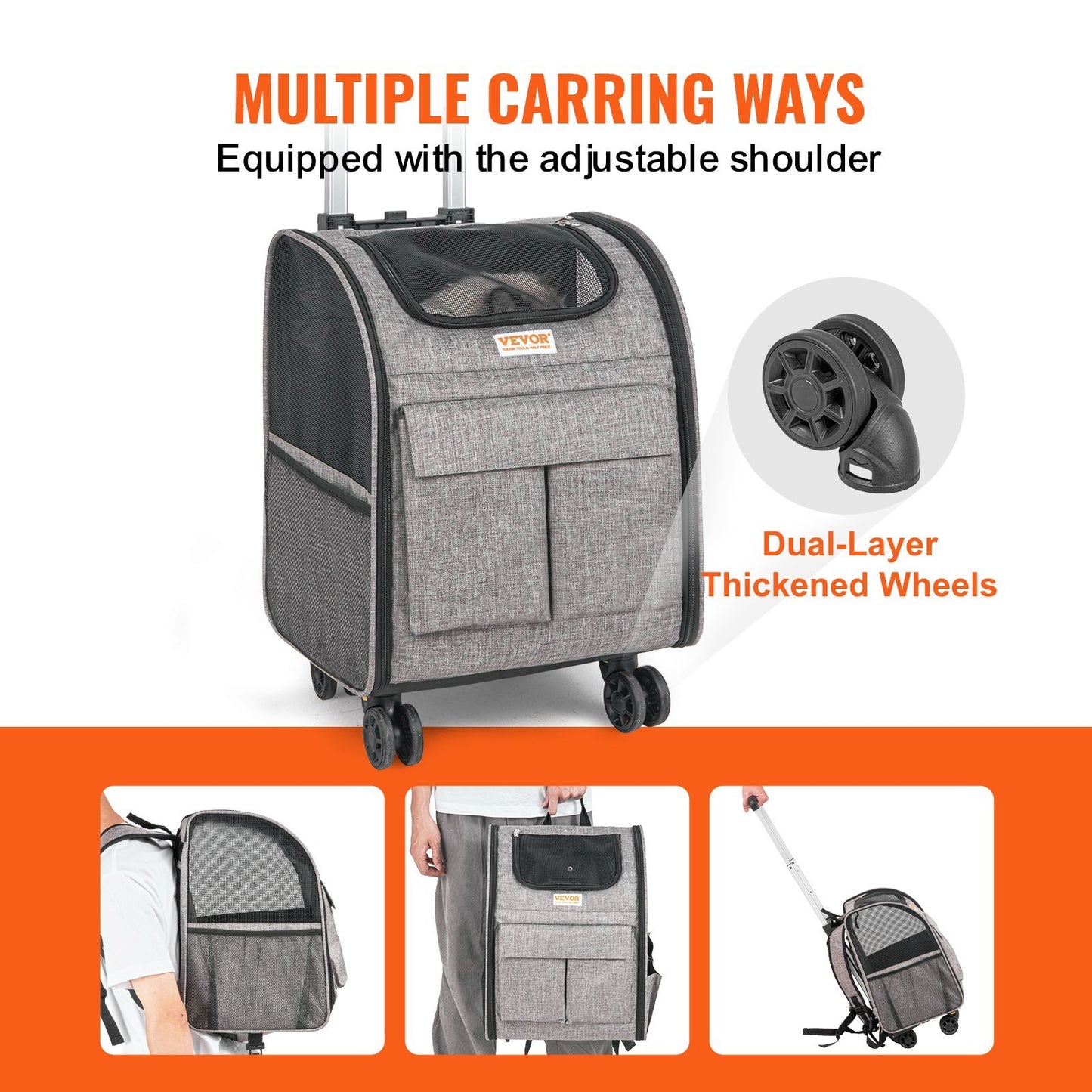 Rolling Pet Carrier Backpack With Removable Wheels For Under 18LBS, Large Soft Sided Wheeled Dog Carrier Cat Travel Carrier Airline Approved For Small Dogs And Medium Cats With Upgraded Wheels